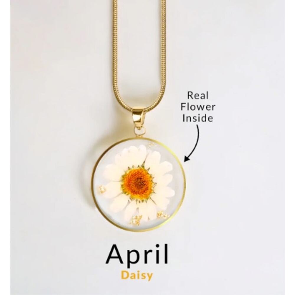 Mint & Lilly Pressed Birth Flower Necklace*April*Daisy*Gold - Picture 1 of 2